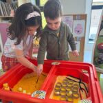Materiale educative reprezentând stupi realizați din paste pentru activități preșcolare.
